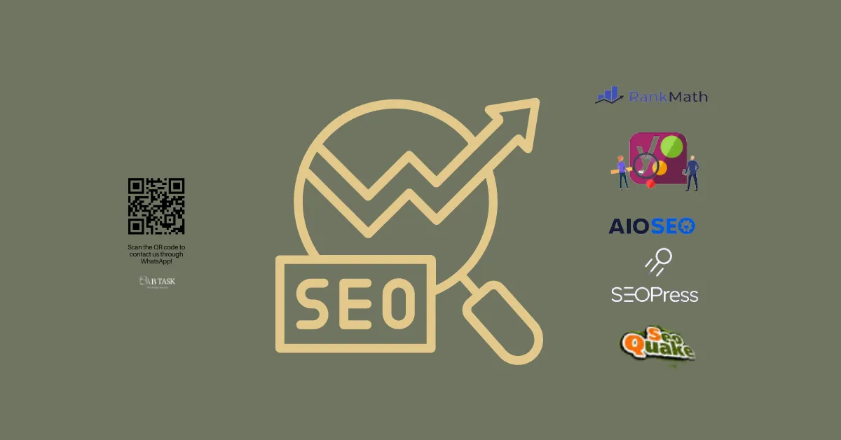 صورة بها ايقونات خمس اضافات لتحسين ال SEO لمواقع الوردبريس وترمز الي أفضل الإضافات لتحسين ال SEO لموقعك وشعار عرب تاسك